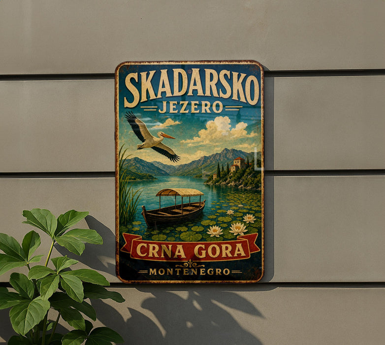 A vintage metal sign with a scenic image of a boat on a lake, surrounded by mountains and a bird in flight, advertising the Skadarsko Jezero.