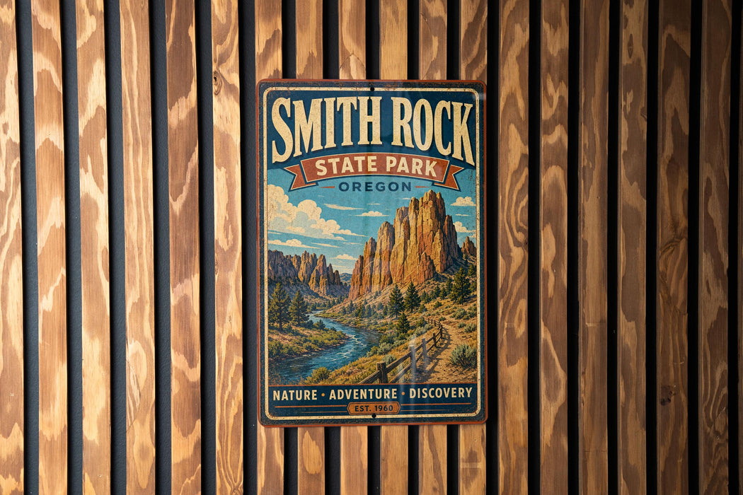 A vintage-style metal sign for Smith Rock State Park in Oregon, featuring a scenic mountain landscape with a river and forest.