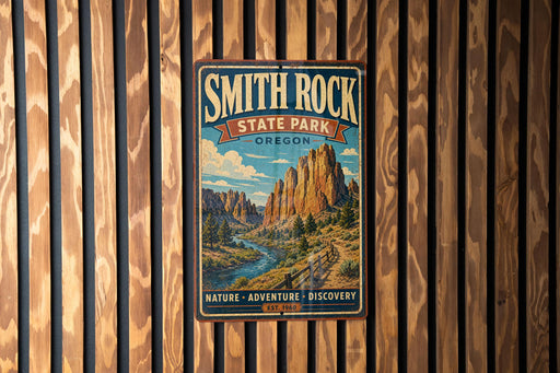 A vintage-style metal sign for Smith Rock State Park in Oregon, featuring a scenic mountain landscape with a river and forest.