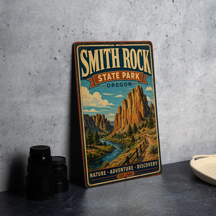 A vintage-style metal sign for Smith Rock State Park in Oregon, featuring a scenic illustration of the park's landscape.