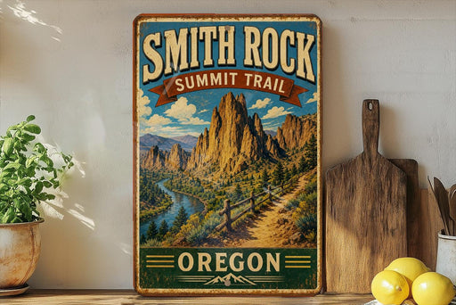 A vintage-style metal sign for the Smith Rock Summit Trail in Oregon, featuring a scenic mountain landscape with a winding trail and lush vegetation.