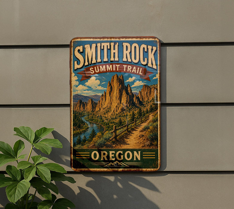 A vintage-style metal sign for the Smith Rock Summit Trail in Oregon, featuring a scenic mountain landscape with a winding trail.