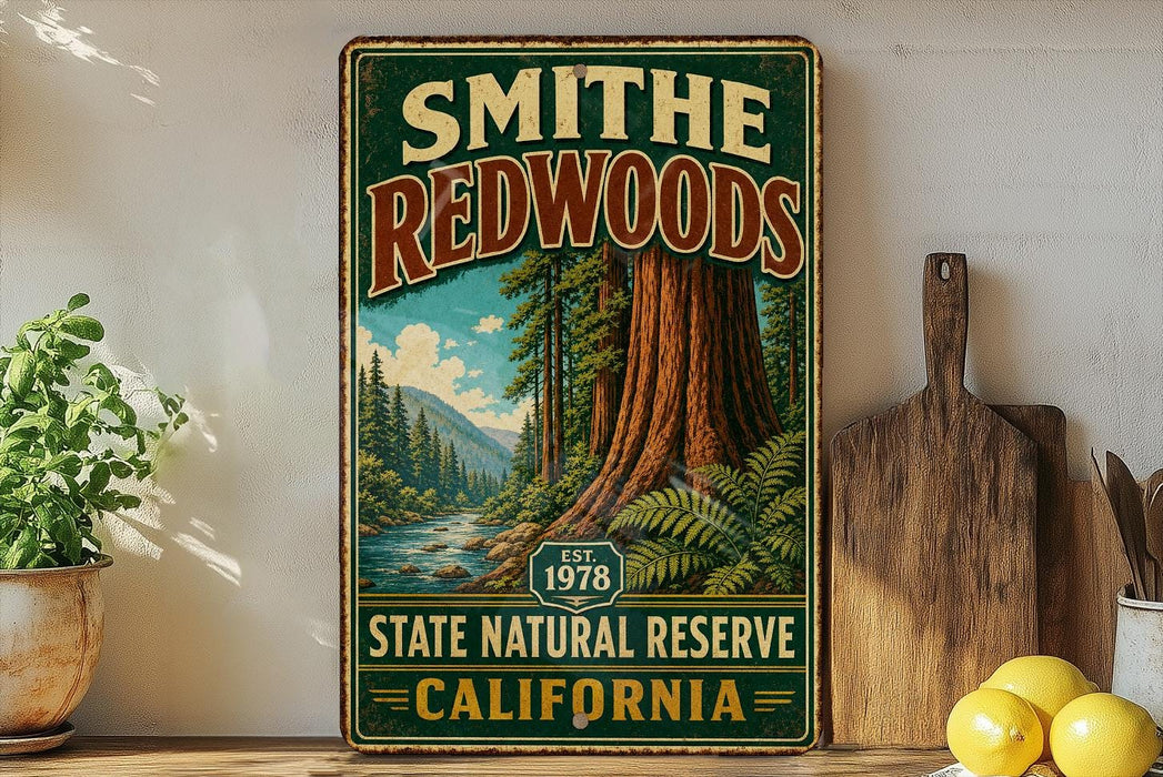 A vintage-style sign for the Smithe Redwoods State Natural Reserve in California, featuring a scenic illustration of the redwood forest.
