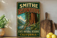A vintage-style sign for the Smithe Redwoods State Natural Reserve in California, featuring a scenic illustration of the redwood forest.