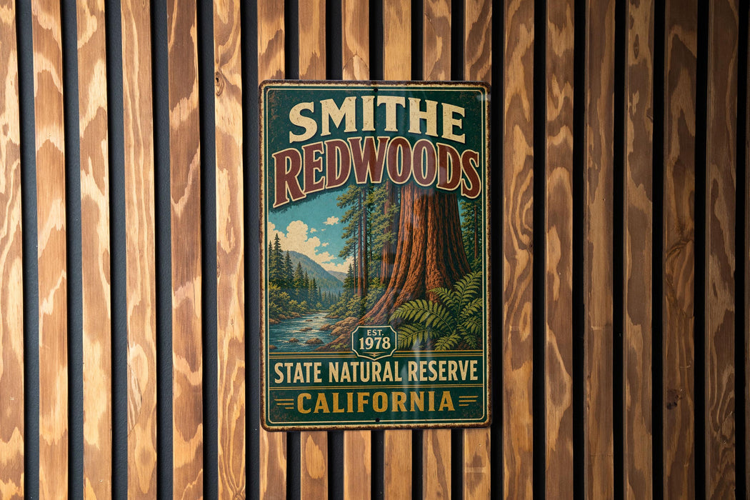 A vintage-style metal sign for the Smithe Redwoods State Natural Reserve in California, featuring a large image of a towering redwood tree and a scenic landscape.