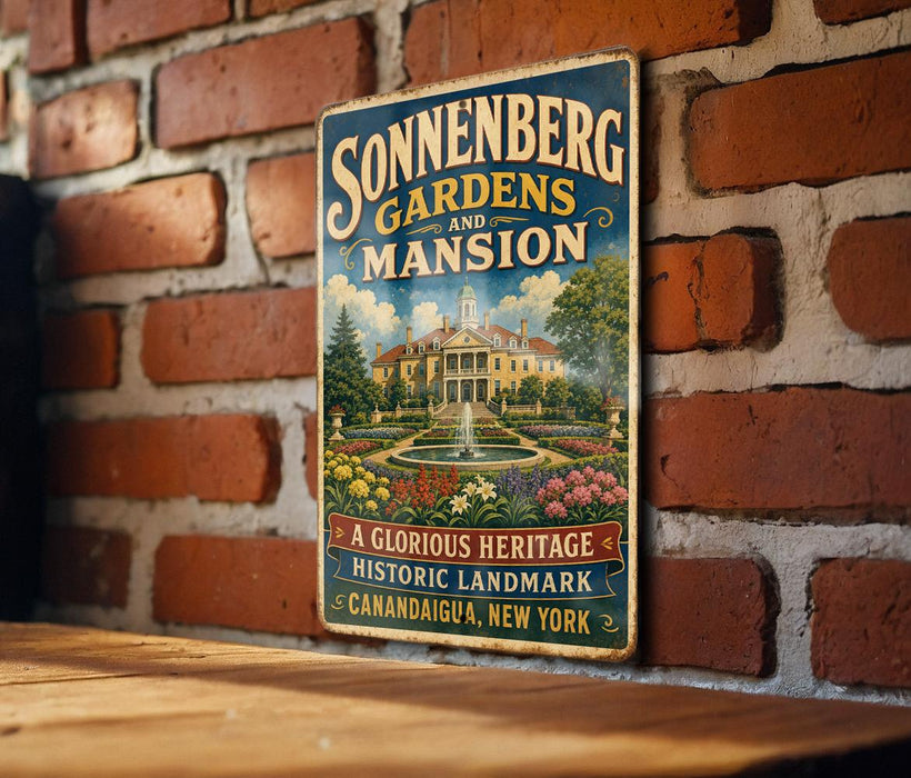 A vintage-style sign for Sonnenberg Gardens and Mansion, featuring a large illustration of a historic building surrounded by a well-manicured garden.