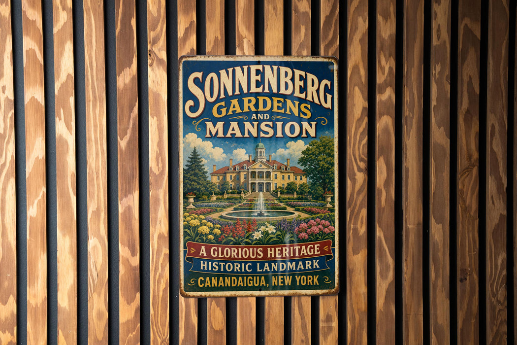 A vintage-style metal sign for Sonnenberg Gardens and mansion, featuring a colorful illustration of the historic landmark with a fountain and garden.