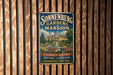 A vintage-style metal sign for Sonnenberg Gardens and mansion, featuring a colorful illustration of the historic landmark with a fountain and garden.