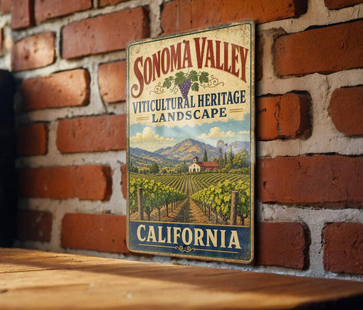 A vintage metal sign for Sonoma Valley, California, featuring a vineyard landscape and the text "Sonoma Valley Viticultural Heritage Landscape" against a brick wall background.