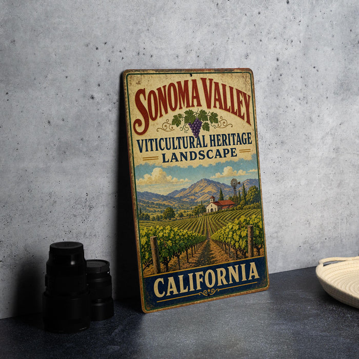 A vintage-style sign for Sonoma Valley Viticultural Heritage Landscape in California, featuring a scenic illustration of vineyards and mountains.