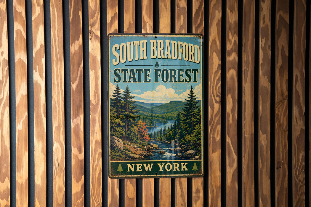 A vintage metal sign for South Bradford State Forest in New York, featuring a scenic landscape with pine trees, a river, and mountains.