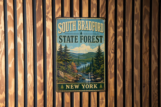 A vintage metal sign for South Bradford State Forest in New York, featuring a scenic landscape with pine trees, a river, and mountains.