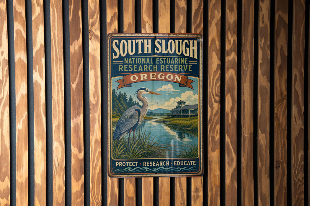 A vintage metal sign for the South Slough National Estuarine Research Reserve in Oregon, featuring a blue heron and a scenic landscape.