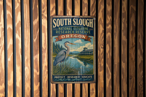 A vintage metal sign for the South Slough National Estuarine Research Reserve in Oregon, featuring a blue heron and a scenic landscape.