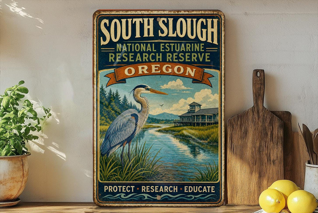 a vintage-style sign for the South Slough National Estuarine Research Reserve in Oregon, with a large blue heron in the foreground and a wooden paddle to the right.