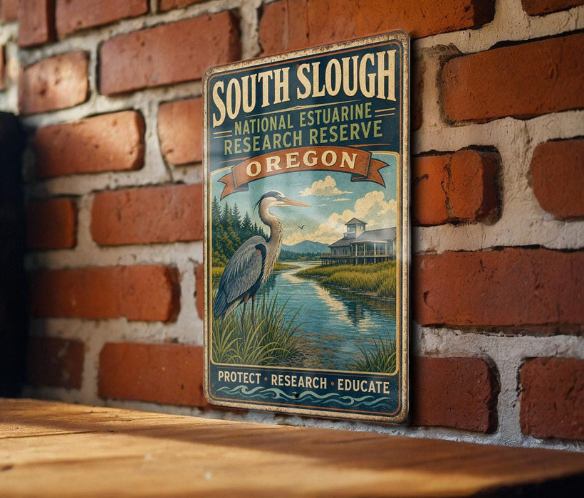 A vintage metal sign for the South Slough National Estuarine Research Reserve in Oregon, featuring a blue heron and a river.