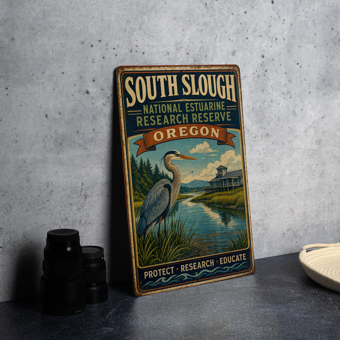 A vintage-style sign for the South Slough National Estuarine Research Reserve in Oregon, featuring a large blue heron in a grassy field with a river and a building in the background.