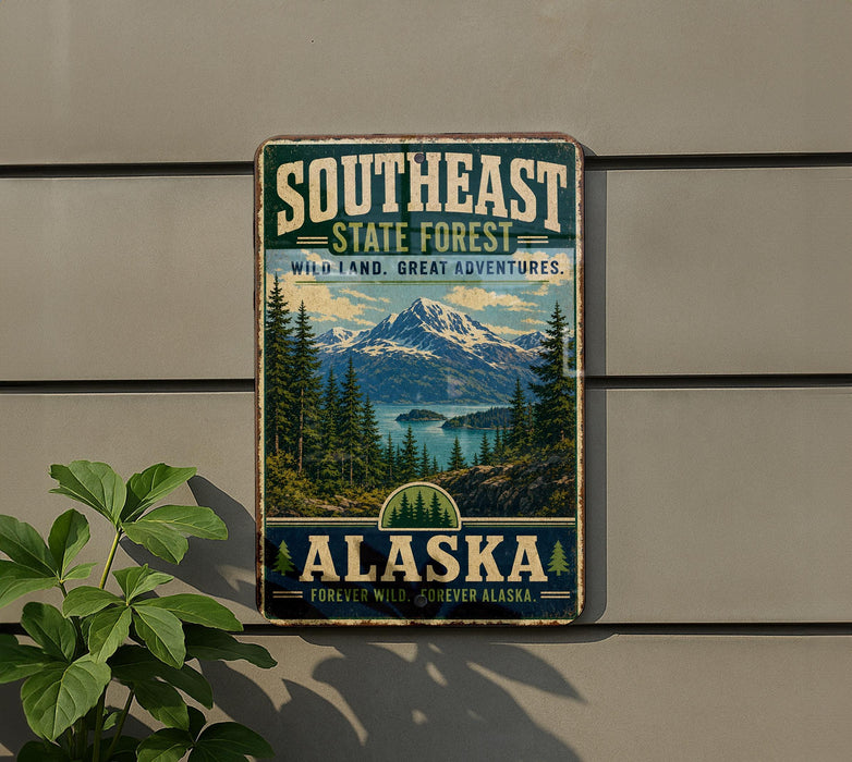 A vintage-style metal sign advertising the Southeast State Forest in Alaska, featuring a scenic mountain landscape with pine trees and a lake.