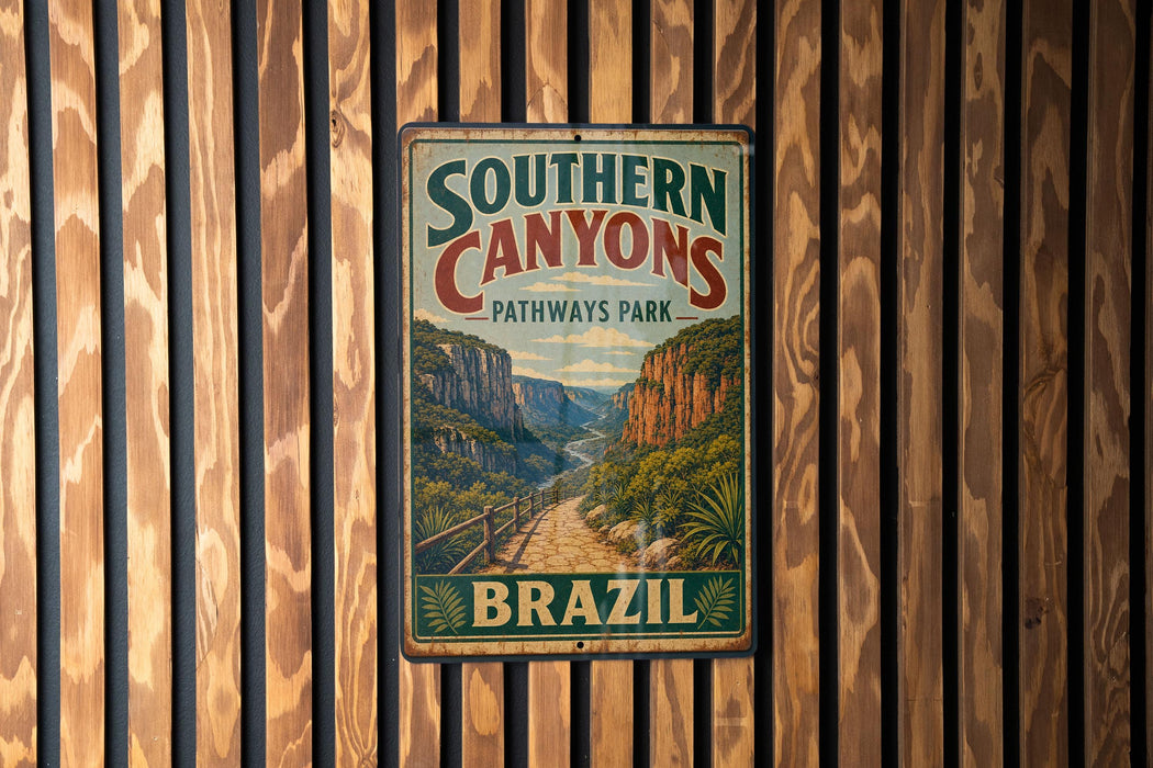 A vintage metal sign for Southern Canyons Pathways Park in Brazil, featuring a scenic illustration of a winding path through a mountainous landscape.