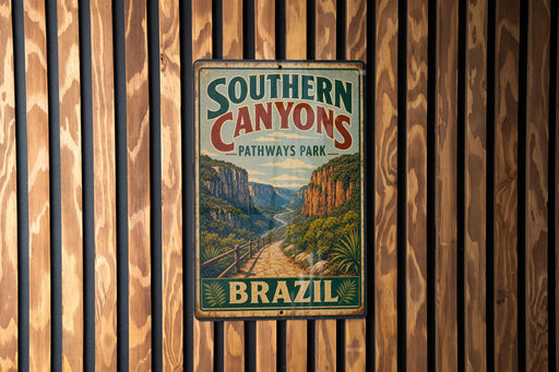 A vintage metal sign for Southern Canyons Pathways Park in Brazil, featuring a scenic illustration of a winding path through a mountainous landscape.