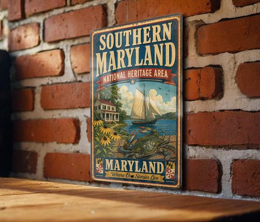 A vintage metal sign for the Southern Maryland National Heritage Area, featuring a sailboat and a house, is displayed on a brick wall.