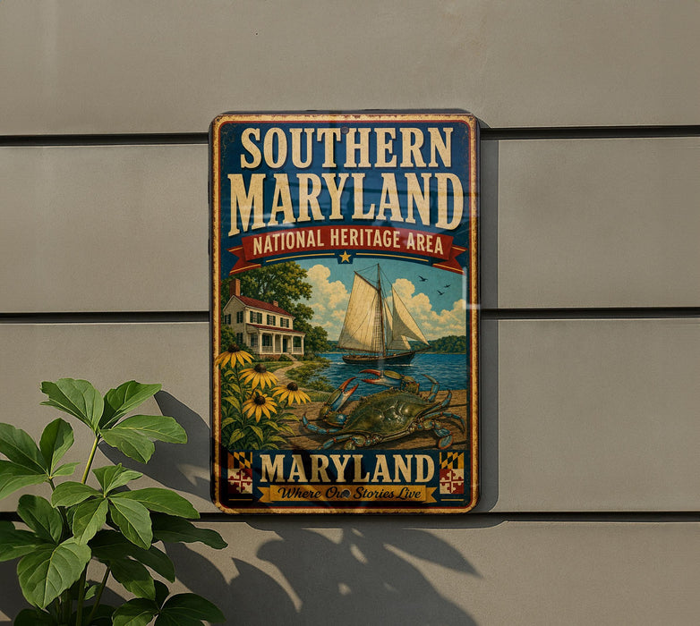 A metal sign on a wall that reads "SOUTHERN MARYLAND NATIONAL HERITAGE AREA" with a sailboat and a house in the background.