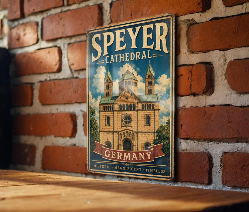 A vintage metal sign for Speyer Cathedral in Germany, featuring an illustration of the cathedral and the text "Speyer Cathedral" and "German".
