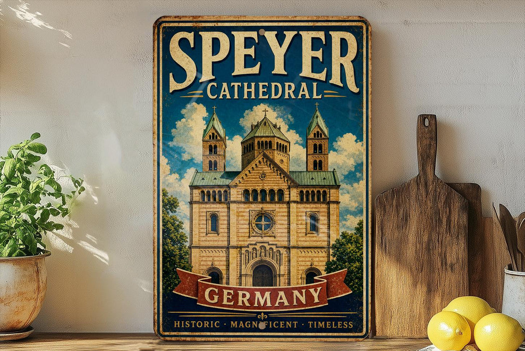 A vintage-style poster of Speyer Cathedral in Germany, featuring a large illustration of the cathedral against a blue sky with clouds. The poster is displayed on a wall, with a wooden cutting board and a potted plant to the left.