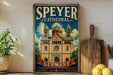 A vintage-style poster of Speyer Cathedral in Germany, featuring a large illustration of the cathedral against a blue sky with clouds. The poster is displayed on a wall, with a wooden cutting board and a potted plant to the left.