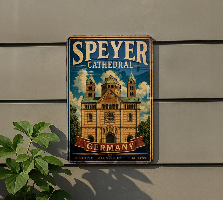 A vintage-style metal sign for Speyer Cathedral in Germany, featuring an illustration of the cathedral and the text "Speyer Cathedral" and "German".