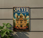 A vintage-style metal sign for Speyer Cathedral in Germany, featuring an illustration of the cathedral and the text "Speyer Cathedral" and "German".