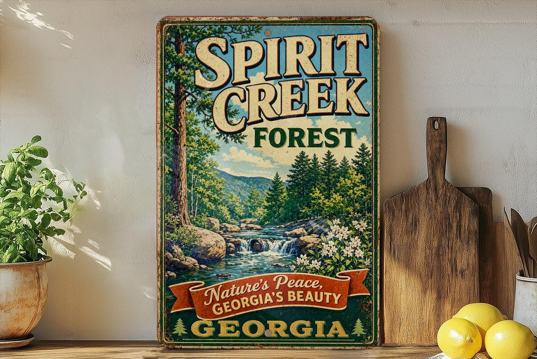 A vintage-style metal sign for Spirit Creek Forest in Georgia, featuring a scenic image of a forest and a waterfall.