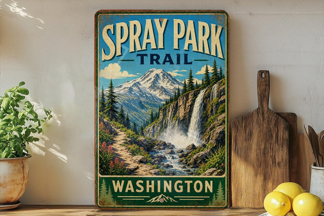 A vintage-style sign for the Spray Park Trail in Washington, featuring a scenic mountain landscape with a waterfall.