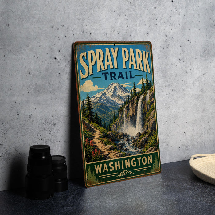 A vintage metal sign for the Spray Park Trail in Washington, featuring a scenic mountain landscape with a waterfall.