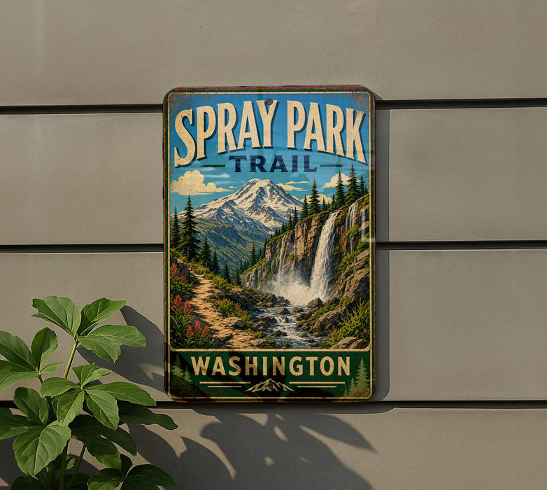A vintage metal sign for the Spray Park Trail in Washington, featuring a scenic mountain landscape with a waterfall.