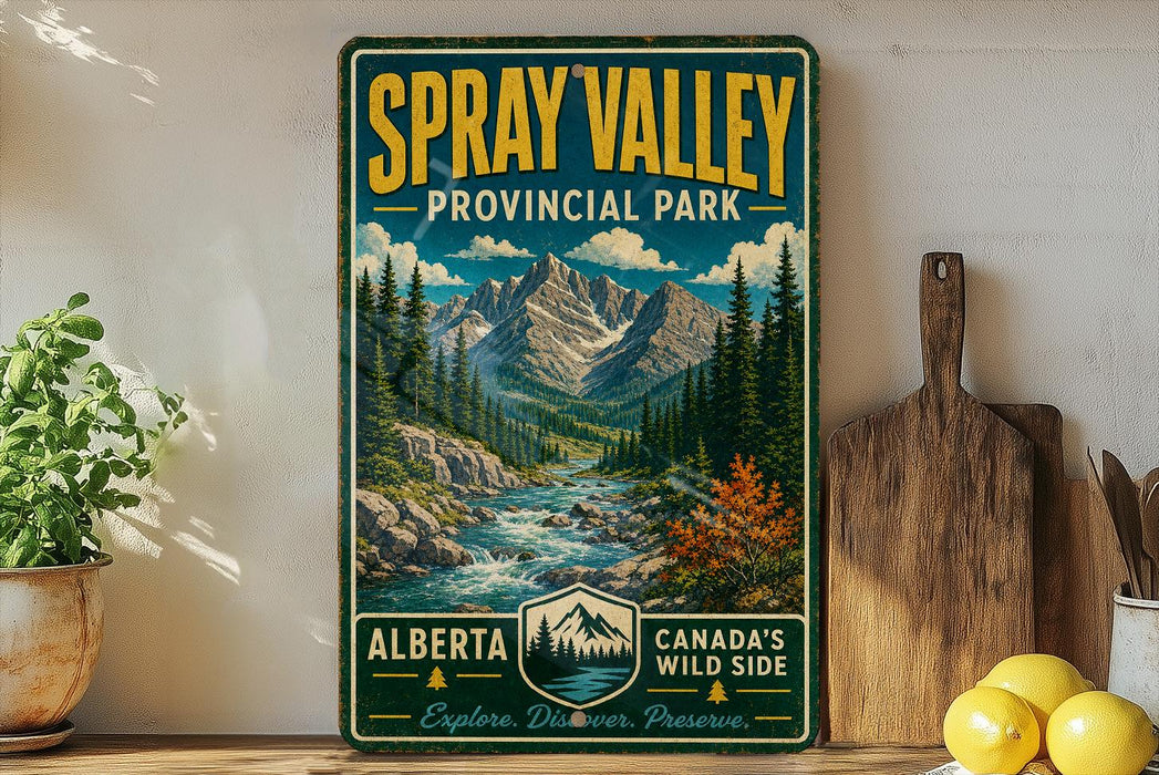 A vintage-style sign for Spray Valley Provincial Park in Alberta, Canada, featuring a scenic mountain landscape with a river and pine trees.