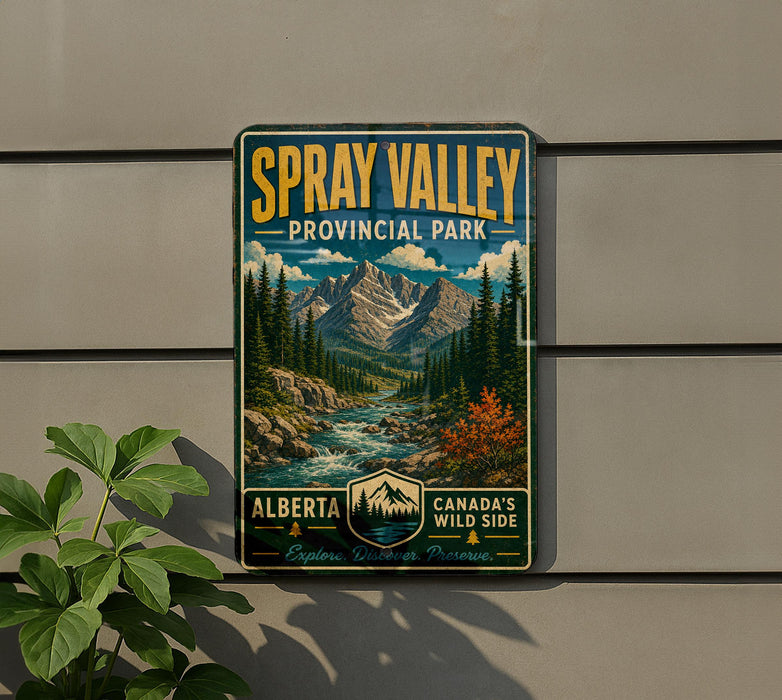 A vintage-style sign for Spray Valley Provincial Park in Alberta, Canada, featuring a mountain landscape with a river and pine trees.