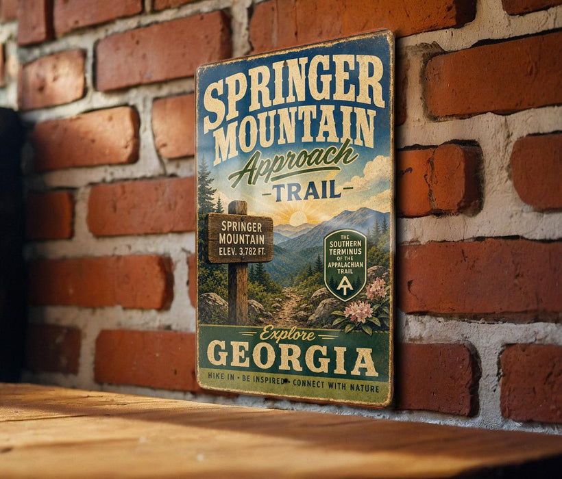 A vintage trail sign for the Springer Mountain Approach Trail in Georgia, mounted on a brick wall.