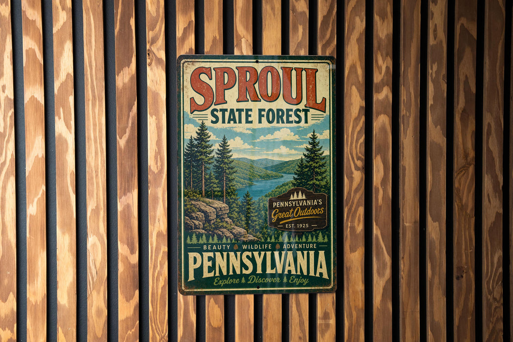 A vintage-style metal sign for the Sprout State Forest in Pennsylvania, featuring a scenic illustration of the forest and mountains.