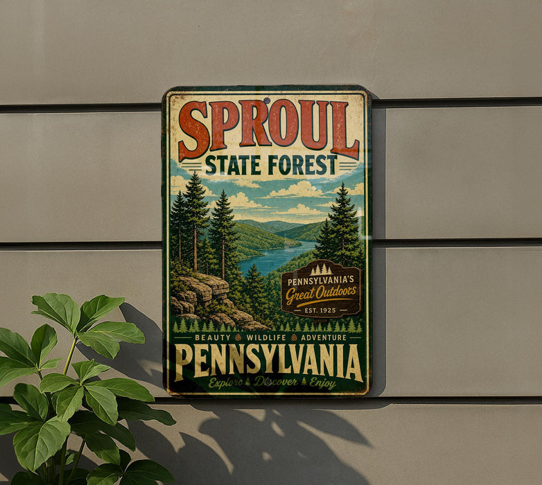 A vintage-style sign for the SPROUL State Forest in Pennsylvania, featuring a scenic image of the forest and mountains.
