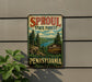 A vintage-style sign for the SPROUL State Forest in Pennsylvania, featuring a scenic image of the forest and mountains.