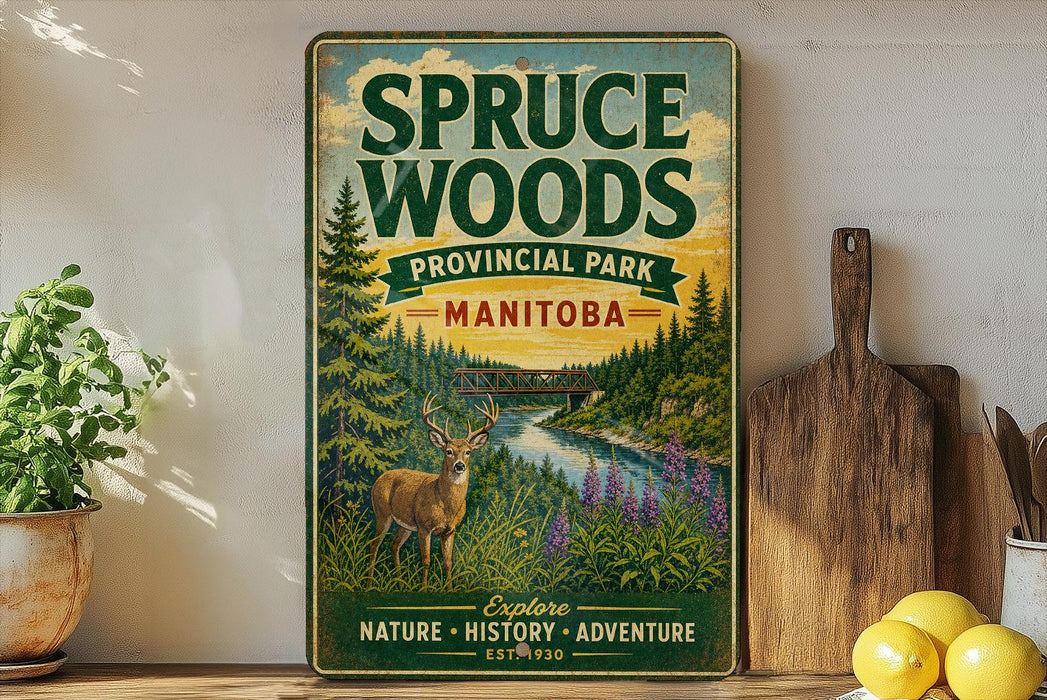 a vintage-style metal sign for the Province Park in Manitoba, Canada, with a scenic illustration of a deer in the foreground and a river in the background. The sign also includes the words "Spruce Woods" and "PRIVATE PARK MANITOBAN".