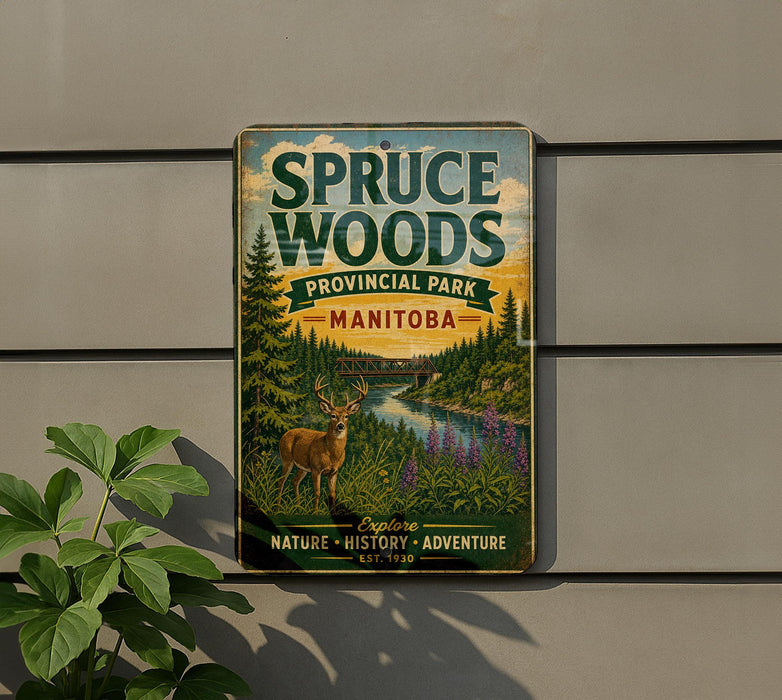 a vintage-style metal sign for Spruce Woods Provincial Park in Manitoba, Canada, with a scenic illustration of a deer in the foreground and a river in the background.