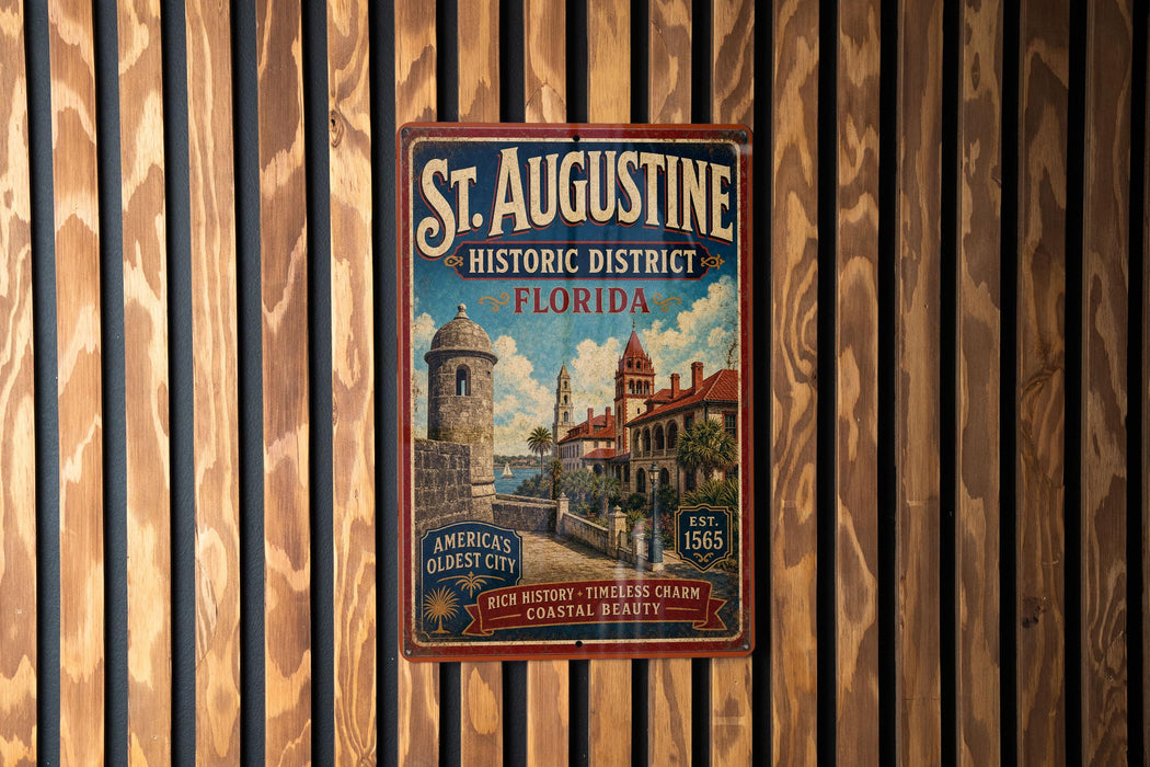 A vintage-style metal sign for St. Augustine, Florida, featuring a castle and palm trees, is displayed on a wooden wall.