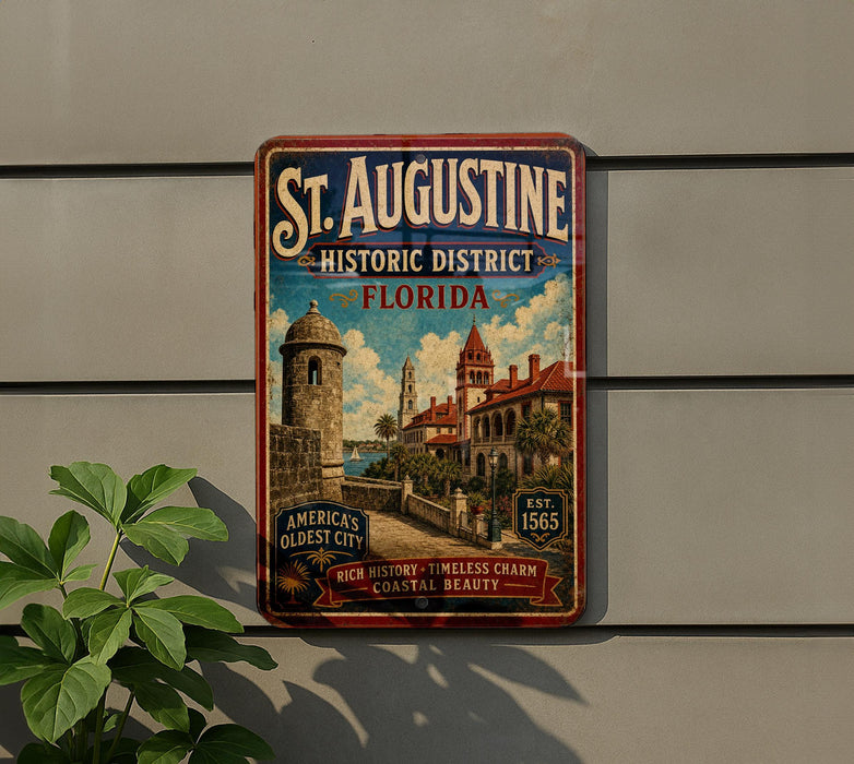 A vintage-style sign for St. Augustine, Florida, featuring a castle and other historic buildings, is displayed on a wall next to a plant.
