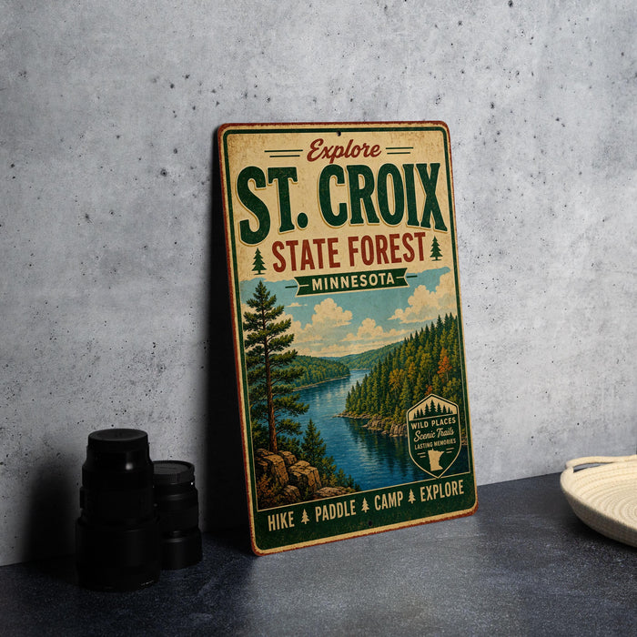 A vintage-style metal sign for St. Croix State Forest in Minnesota, featuring a scenic illustration of a forest and a river.
