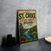 A vintage-style metal sign for St. Croix State Forest in Minnesota, featuring a scenic illustration of a forest and a river.