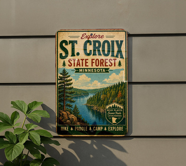 a vintage-style metal sign with a scenic illustration of St. Croix State Forest in Minnesota, promoting outdoor activities such as hiking, paddling, and camping.