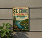 a vintage-style metal sign with a scenic illustration of St. Croix State Forest in Minnesota, promoting outdoor activities such as hiking, paddling, and camping.