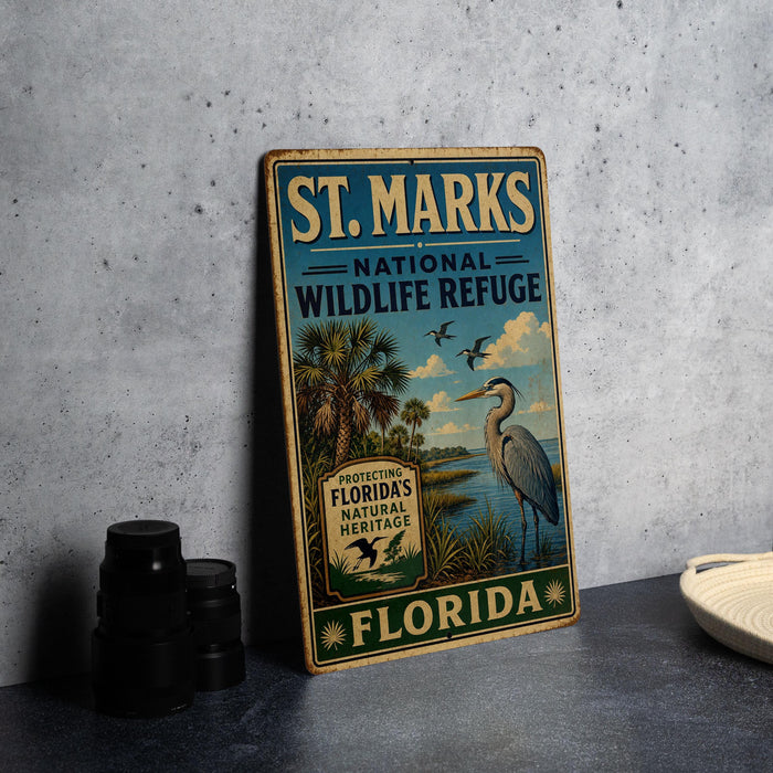 A vintage-style metal sign for St. Marks National Wildlife Refuge in Florida, featuring an illustration of a crane and palm trees.